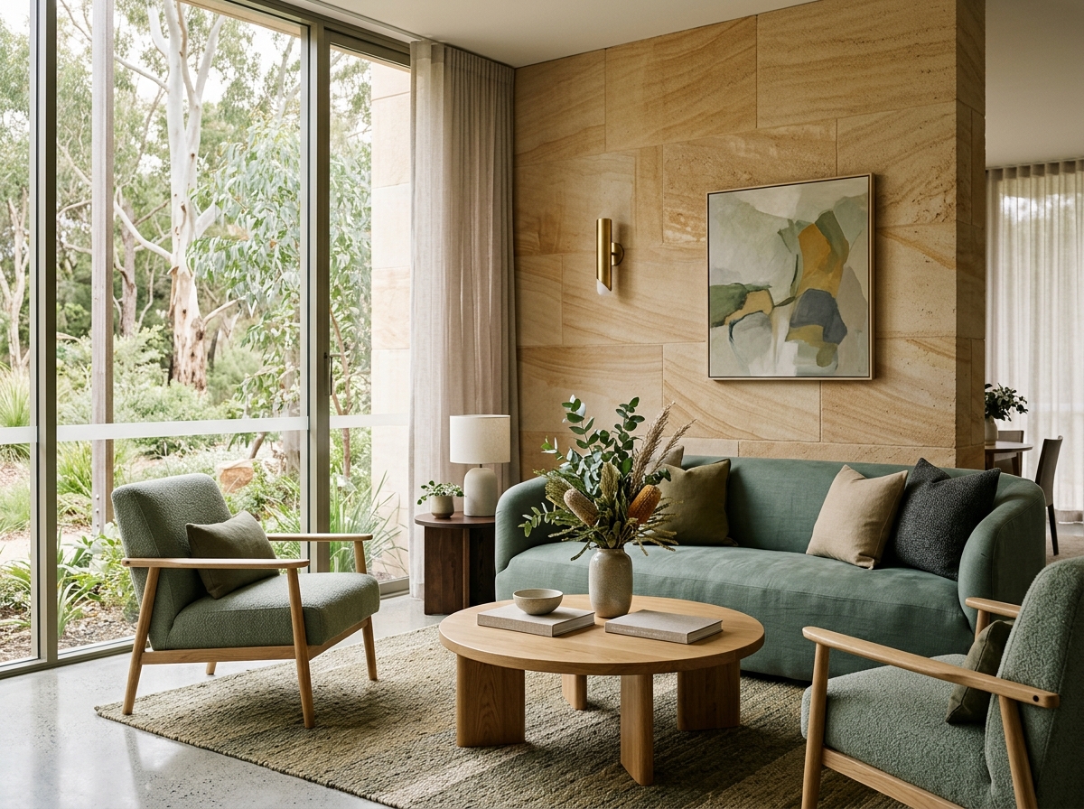 Calm Australian hotel lounge with natural materials