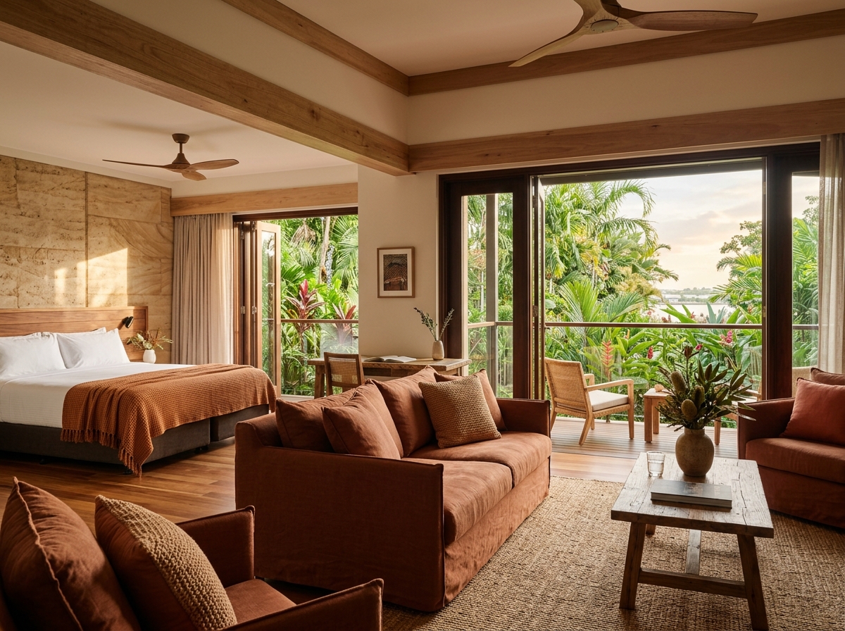 Natural material guest room at Red Dune Casino Lodge